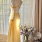 Light Yellow Mermaid Spaghetti Strap Sequin Beaded Chiffon Open Back Party Dress Evening Dress SH2934