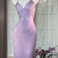 Lilac Sheath Straps Beaded Chiffon Tea Length Prom Dress Graduation Prom Dress SH5350
