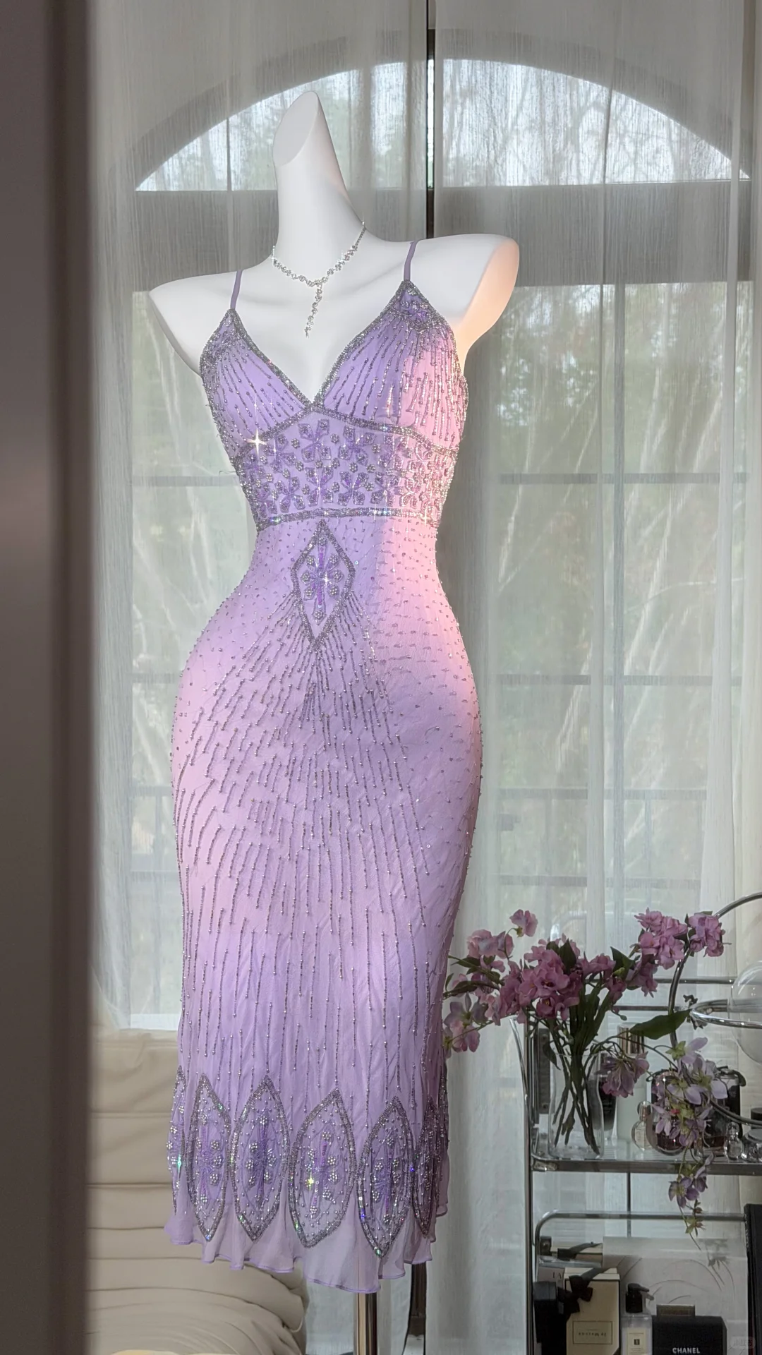 Lilac Sheath Straps Beaded Chiffon Tea Length Prom Dress Graduation Prom Dress SH5350