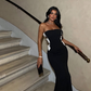 Elegant Mermaid Strapless Black Satin Long Prom Dress Evening Dress with Slit SH2140
