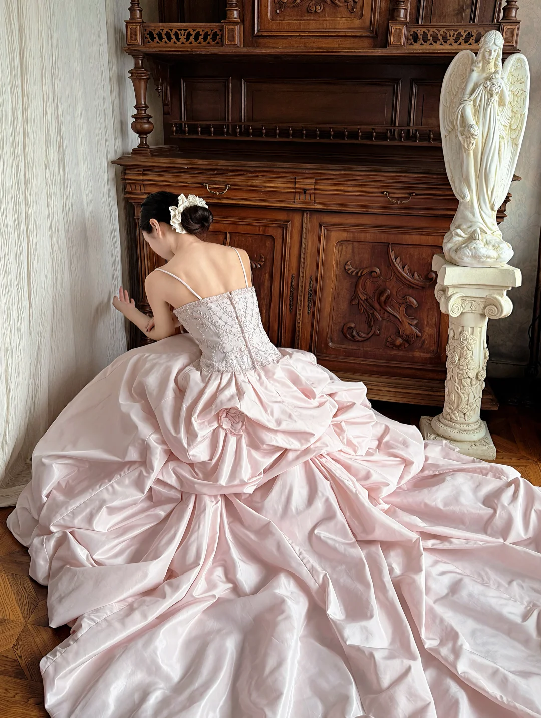 Vintage Pink A Line Straps Beaded Satin Long Sweep Prom Dress Evening Dress SH5660