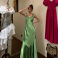 Vintage Mermaid V Neck Beaded Green Satin Long Prom Dress Party Dress SH3034