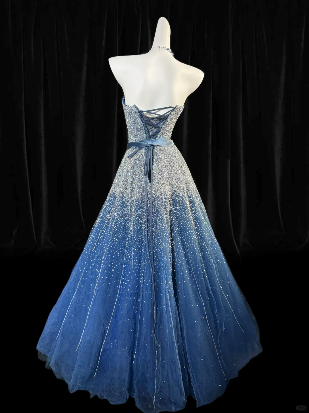 Dreamy Blue Ombre A Line Strapless Beaded Tulle Prom Dress Evening Dress SH5604