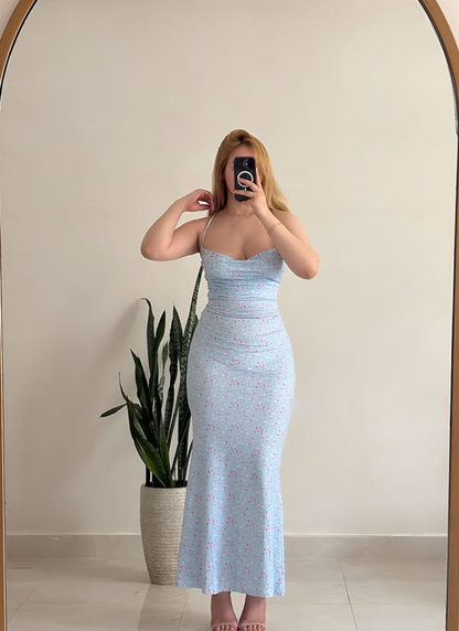 Summer Baby Blue Sheath Spaghetti Strap Print Satin Prom Dress Evening Dress SH6891
