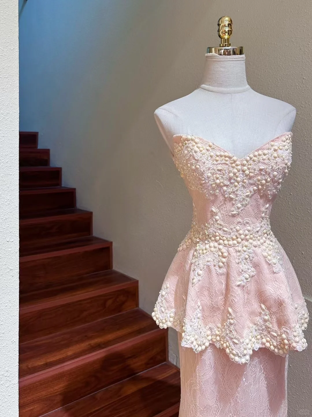 Vintage Pink Mermaid Sweetheart Neck Beaded Lace Long Prom Dress SH5209