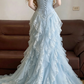 Baby Blue Mermaid Exquisite Beaded Layered Chiffon Lace Graduation Prom Dress Wedding Guest Dress SH5430