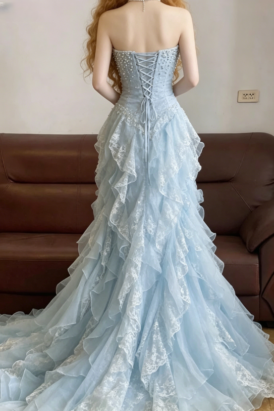 Baby Blue Mermaid Exquisite Beaded Layered Chiffon Lace Graduation Prom Dress Wedding Guest Dress SH5430