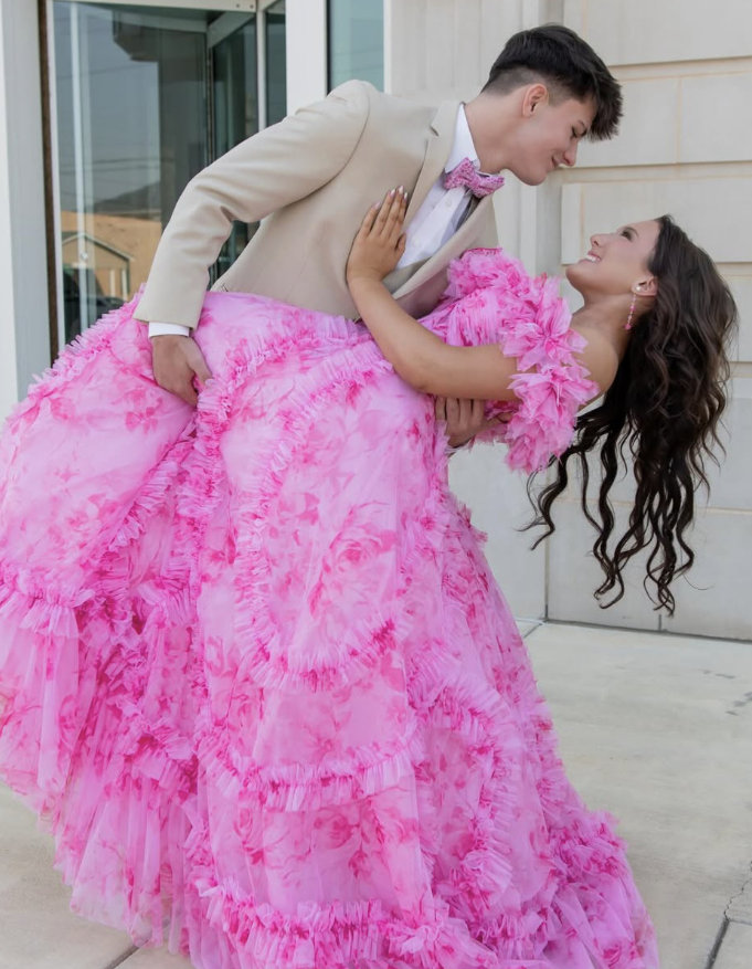 Sweety Pink Print Floral A Line Off the Shoulder Tulle Prom Dress Date Dress SH6501