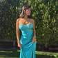 Simple Lake Blue A Line Spaghetti Strap Lace Satin Prom Dress SH4566