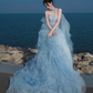 Gorgeous A Line Strapless Beaded Blue Tulle Long Party Dress Evening Dress SH2812