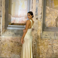 Light Yellow Sheath V Neck Lace Satin Prom Dress Evening Dress SH1903