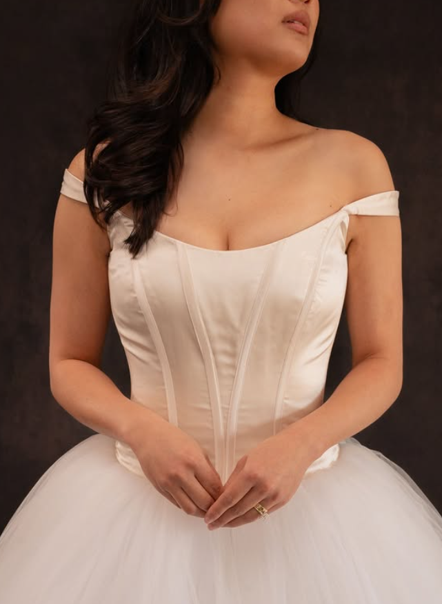 Pretty A Line Off the Shoulder Corset Tulle Satin Long Wedding Dress SH6094