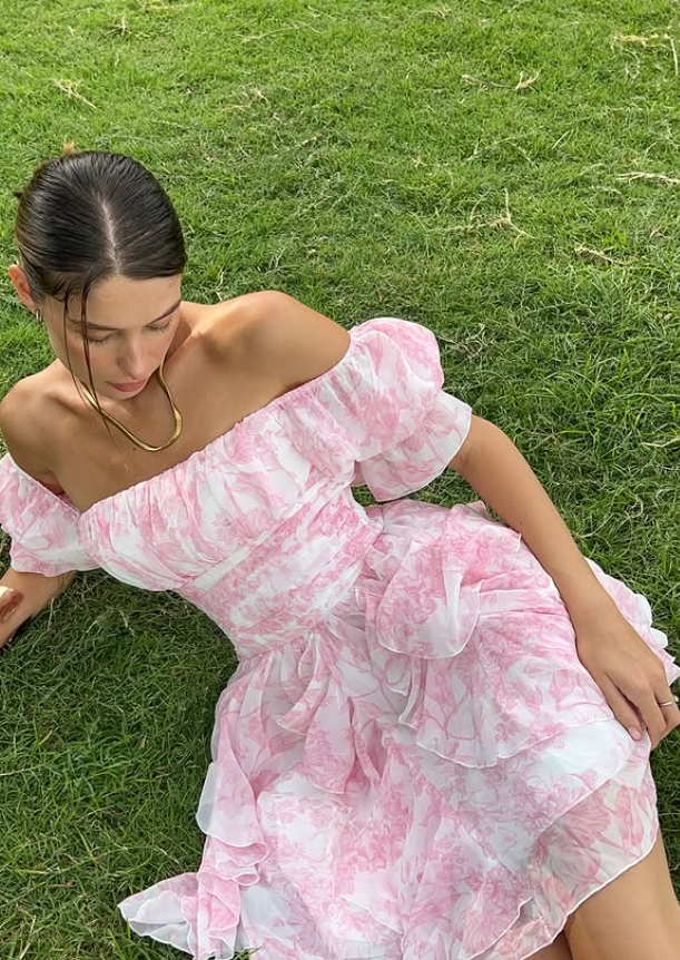 Sweety Pink A Line Off the Shoulder Print Chiffon Short Homecoming Dress Outfits SH6495