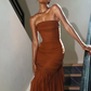 Brown Chiffon Strapless Sleeveless Long Prom Dress With Pleated And Train SH8544