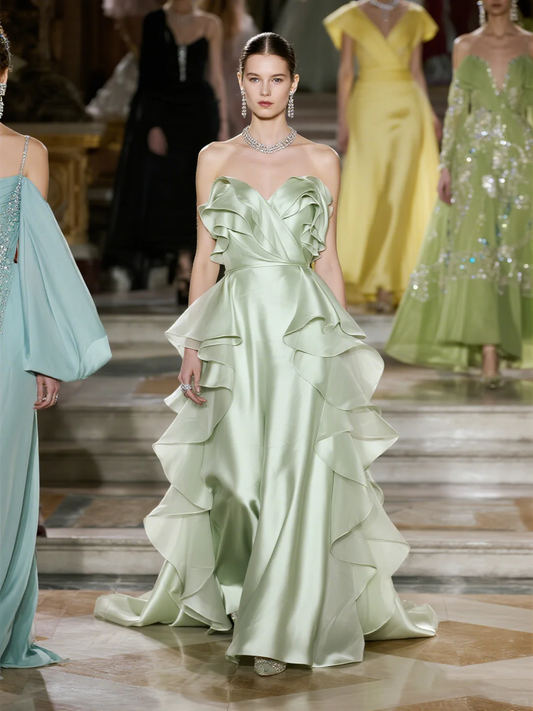 Gentle Sage Green A Line Sweetheart Neck Ruffle Satin Prom Dress Evening Dress SH5114