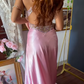 Stunning Pink A Line Halter Beaded Satin Backless Long Prom Dress Graduation Prom Dress SH5487