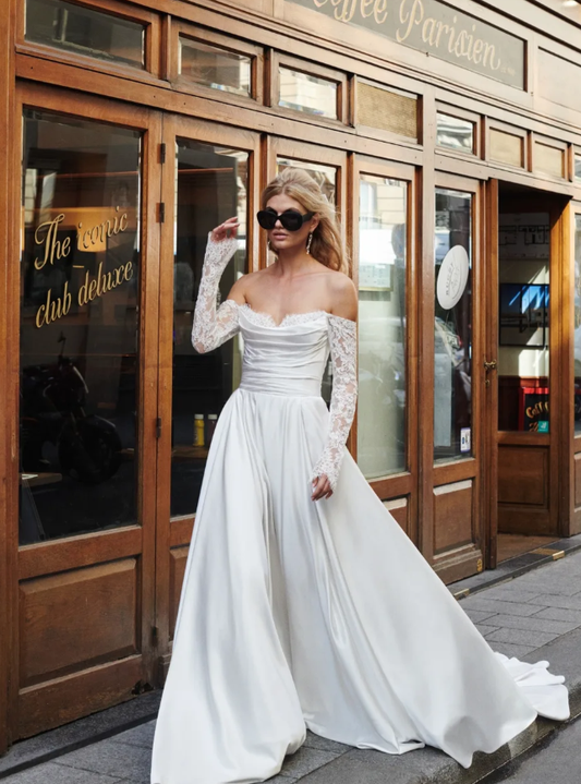 High-class A Line Long Sleeve White Satin Lace Long Wedding Dress SH7105