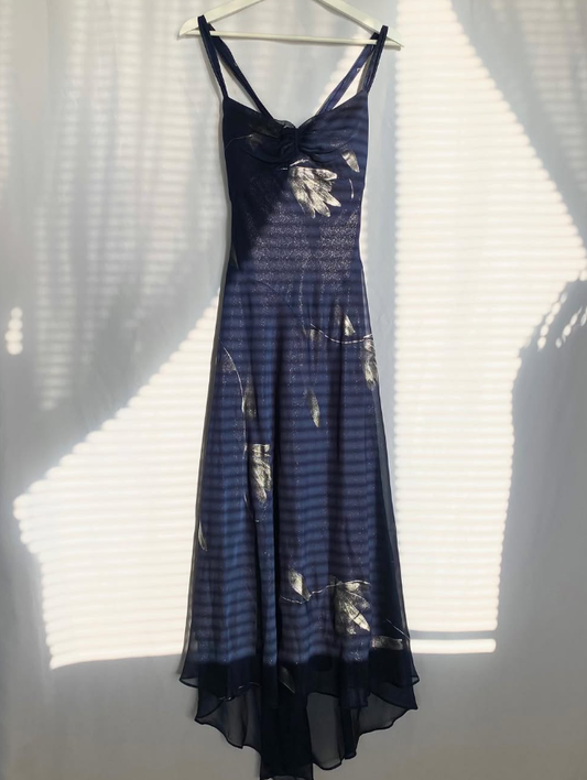 Charming Print Floral A Line Spaghetti Strap Navy Blue Chiffon Homecoming Dress Party Dress SH3570