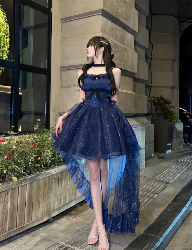 Dramy Navy Blue Ball Gown Spaghetti Strap Bow Satin Tulle Short Prom Dress Homecoming Dress SH6439