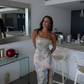 Retro Blue Print Floral Strapless Satin Long Outfit Party Dress 18 Birthday Dress SH3517