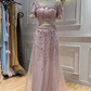 Luxurious Two Piece A Line Puff Sleeve Beaded Pink Tulle Long Prom Dress Evening Dress SH8949