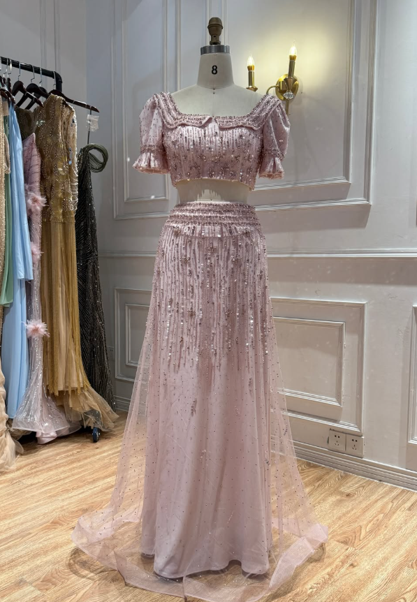 Luxurious Two Piece A Line Puff Sleeve Beaded Pink Tulle Long Prom Dress Evening Dress SH8949