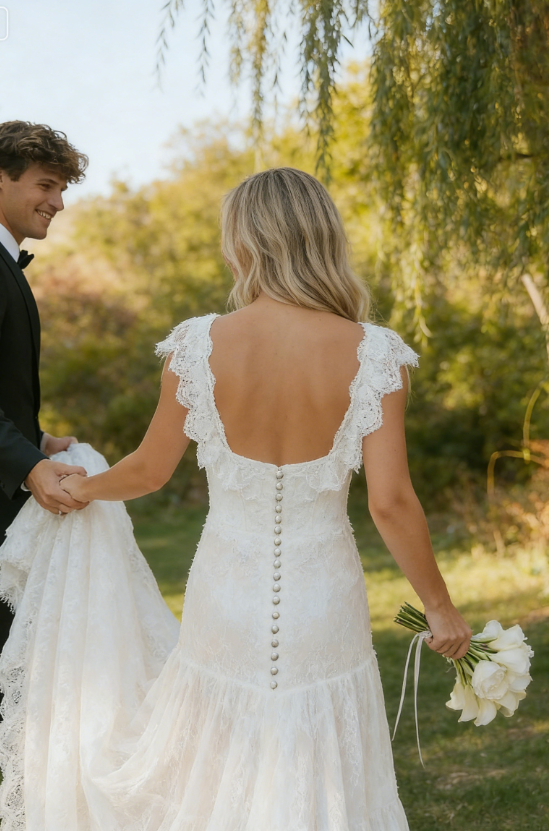Pretty Simple A Line Straps White Lace Long Wedding Dress SH5282