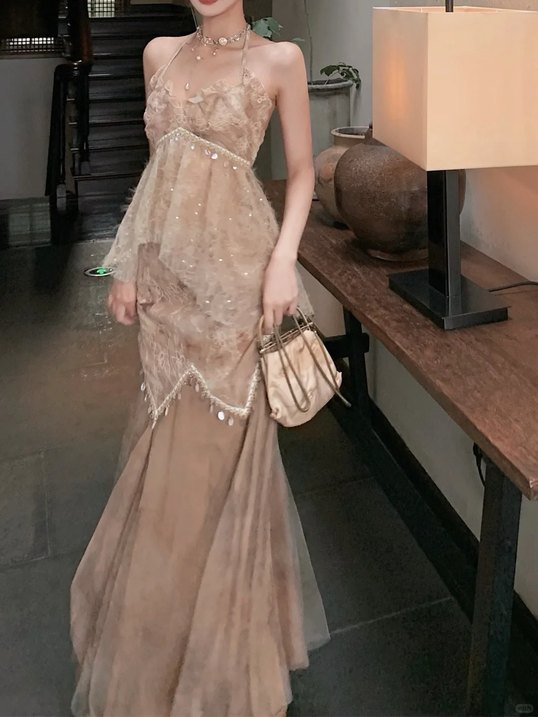 Sexy Brown Mermaid Halter Beaded Lace Tulle Long Prom Dress Vacation Dress SH5017