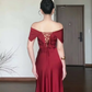 Elegant Sheath Off the Shoulder Burgundy Satin Long Prom Dress SH5294