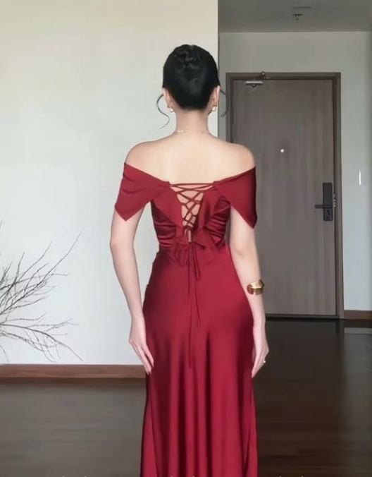 Elegant Sheath Off the Shoulder Burgundy Satin Long Prom Dress SH5294