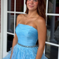 Blue Ball Gown Strapless Beaded Layered Tulle Long Prom Dress Evening Dress SH6582