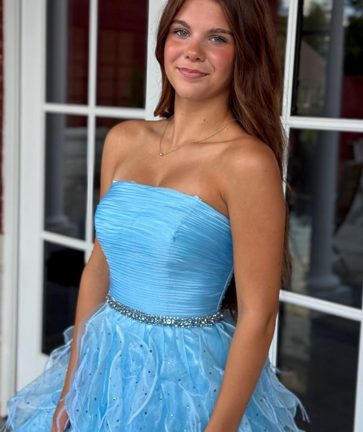 Blue Ball Gown Strapless Beaded Layered Tulle Long Prom Dress Evening Dress SH6582