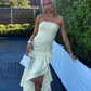 Mermaid Strapless Ruffle Light Yellow Satin Long Prom Dress Evening Dress SH1780