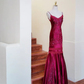 Vintage Red Mermaid Spaghetti Straps Embroidered Beaded Satin Graduation Prom Dress SH5263