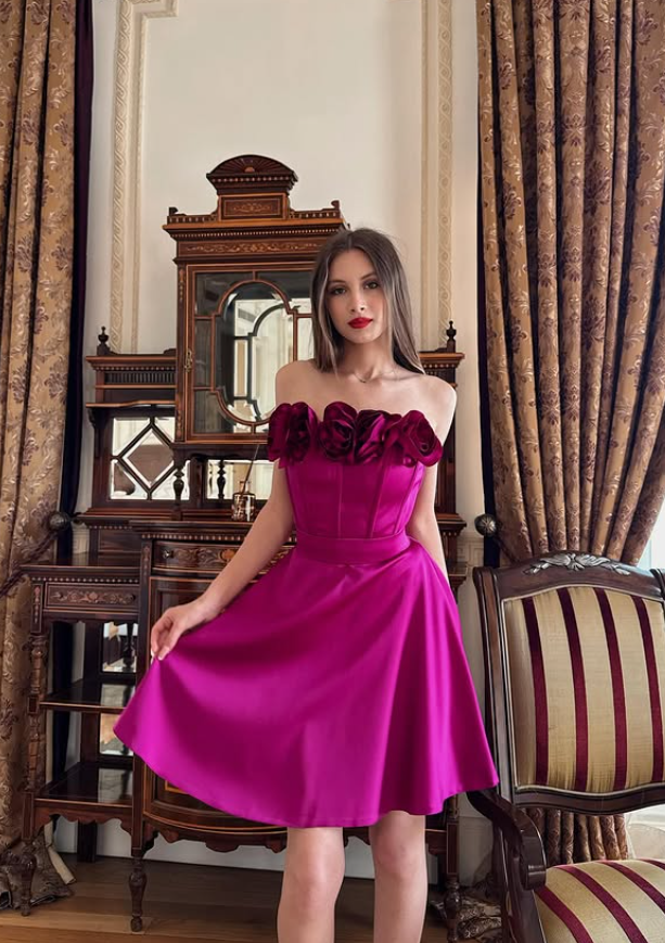 Red A Line Strapless Floral Satin Short Homecoming Dress Party Dress SH4839