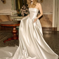 Simple Ball Gown Strapless Pearl White Satin Long Train Wedding Dress SH6992