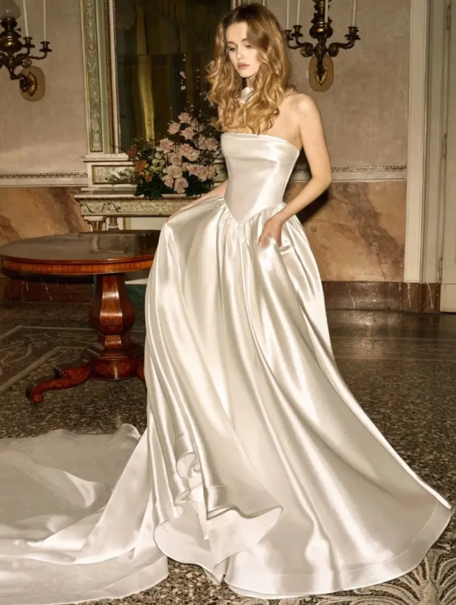 Simple Ball Gown Strapless Pearl White Satin Long Train Wedding Dress SH6992