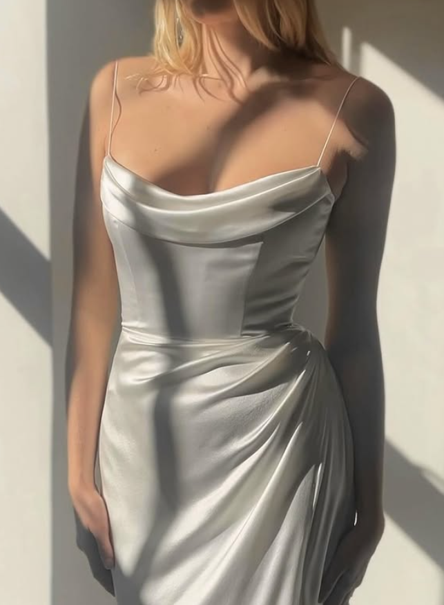 Simple Mermaid Spaghetti Strap White Satin Long Wedding  Dress SH4770