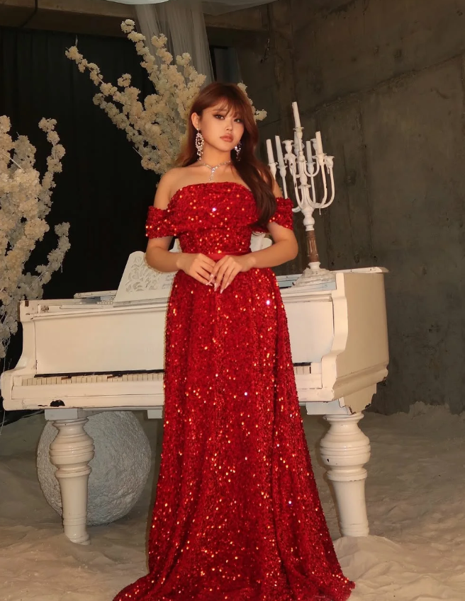 Shiny A Line Off the Shoulder Sequin Long Prom Dress Evening Dress SH7313