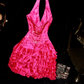 Barbie Pink Cute A Line Halter Beaded Layered Satin Short Homecoming Dress Party Dress SH3049