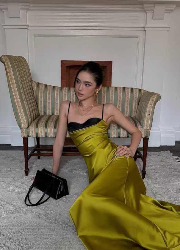 Charming Green A Line Spaghetti Strap Satin Long Prom Dress Evening Dress SH8785