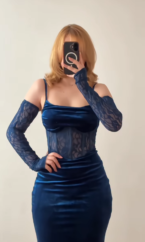Sexy Dark Blue Sheath Spaghetti Strap Lace Velvet Prom Dress Evening Dress SH6875
