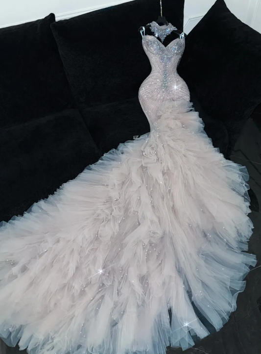 Mermaid Beaded Sweetheart Neck Tulle Long Prom Dress Evening Dress Party Dress SH3615