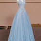 Dreamy Baby Blue A Line Halter Sequin Beaded Tulle Long Prom Dress Party Dress SH4362