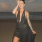 Sexy Black Sheath Halter Pleated Beaded Chiffon Vacation Dress Outfits SH3894