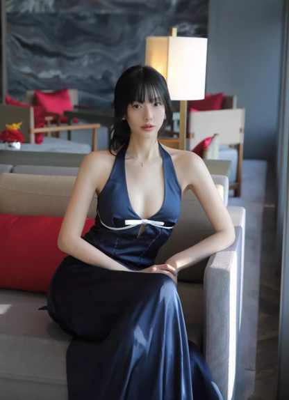 Navy Blue A Line Halter Bow Satin Open Back Prom Dress Evening Dress SH4397