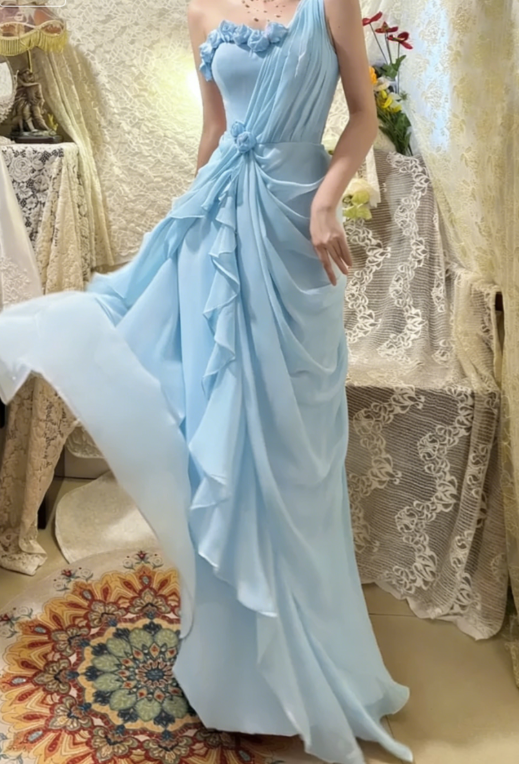 Gentle Pink One Shoulder Floral Pleated Chiffon Long Prom Dresses 16th Birthday Dresses SH4637