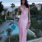 Stunning Pink Sheath Spaghetti Strap Sequin Party Dress Wedding Guest Dress Prom Dress SH3902