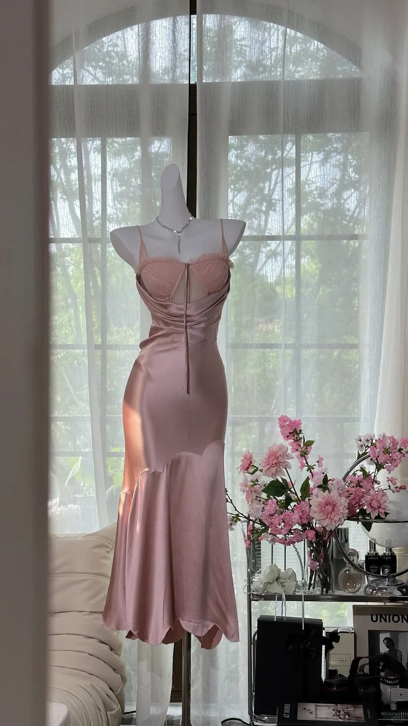 Pink Mermaid Spaghetti Strap Simple Satin Tulle Date Dress Evening Dress Wedding Guest Dress SH3435