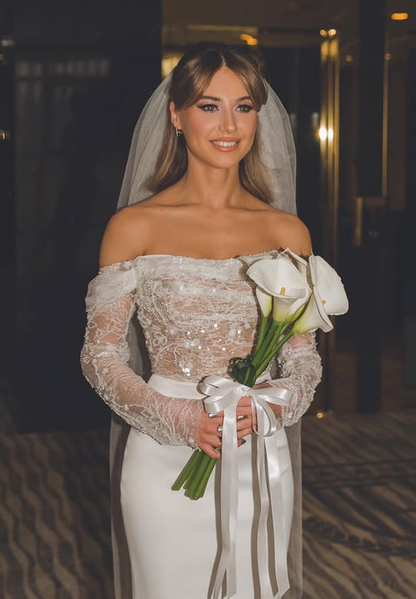 Elegant Mermaid Long Sleeve Sequin Lace Satin Wedding Dress SH6337